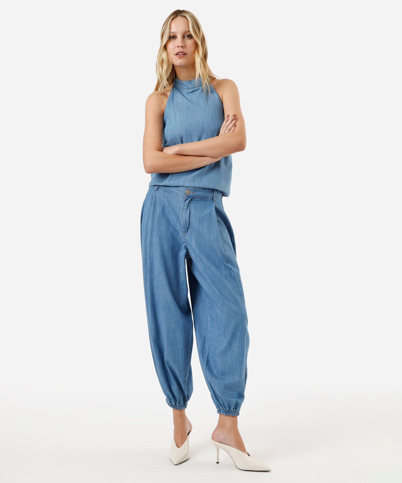 calça aladim feminina jeans com pregas azul