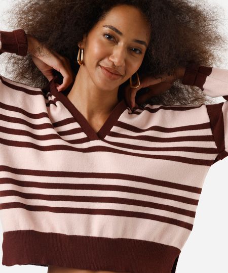 suéter feminino de tricot com gola decote v listrado marrom P