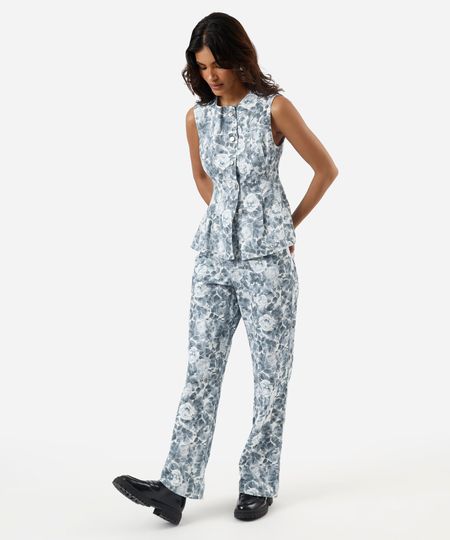 calça wide leg slim feminina de sarja floral off white 34