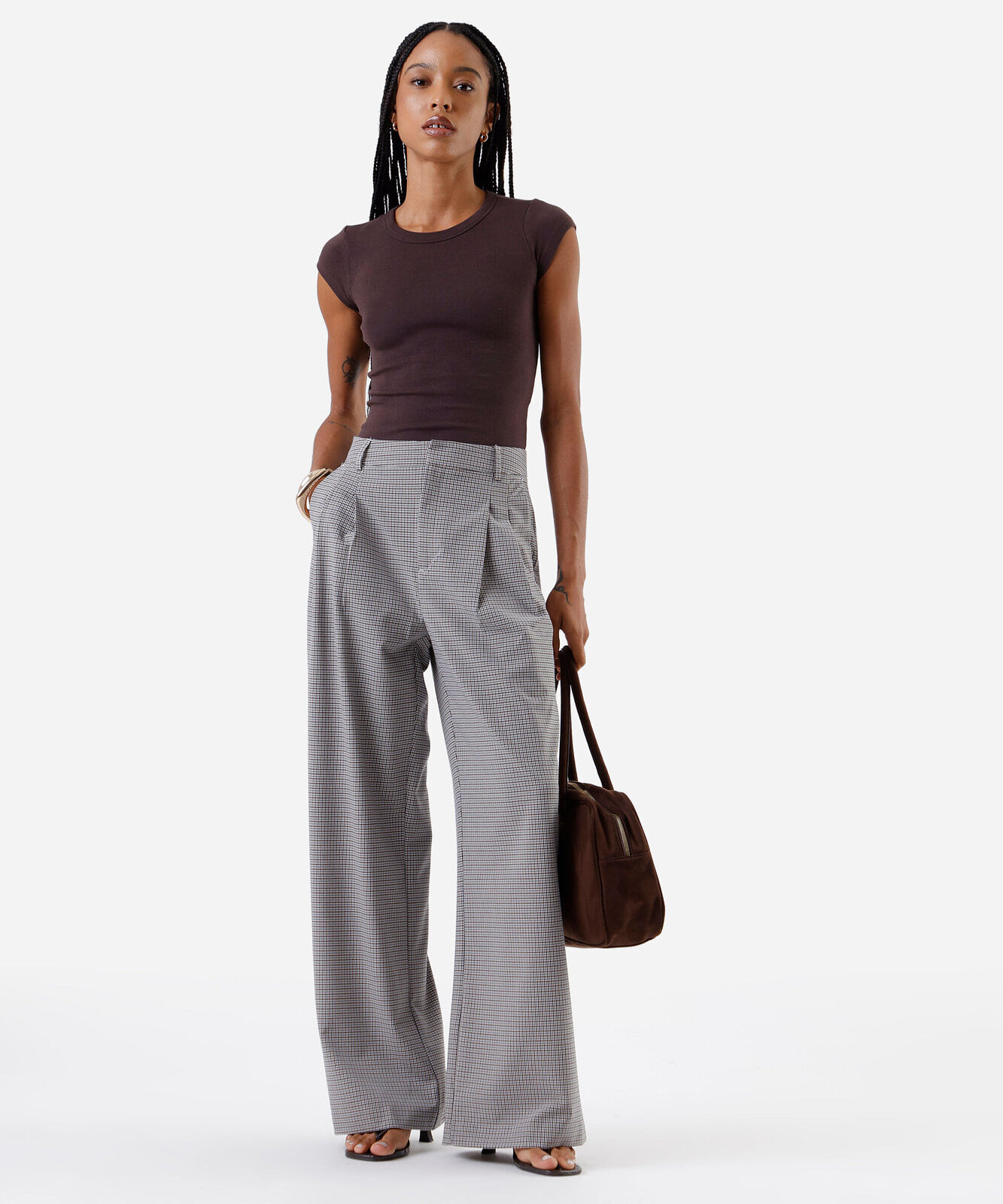 calça wide leg feminina com pregas xadrez azul