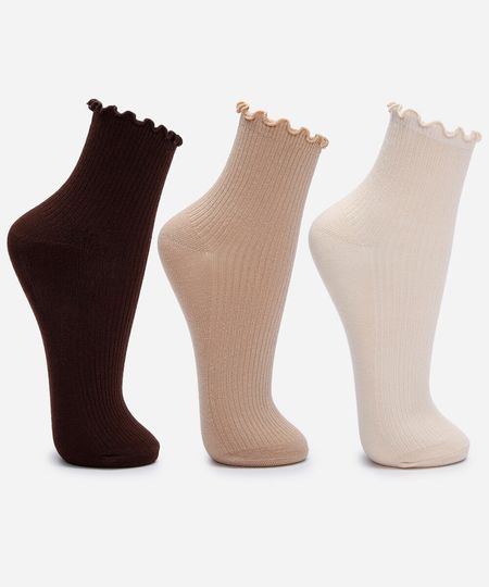 kit de 3 meias cano alto com frufru colorido 34-39