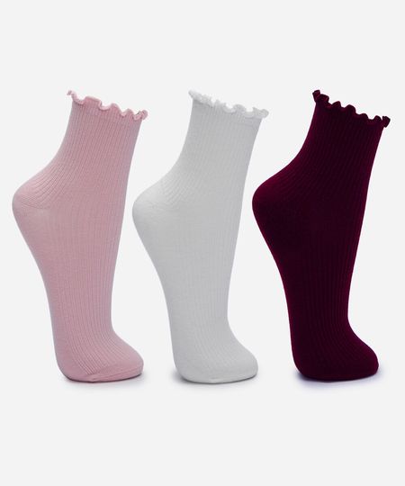 kit de 3 meias cano alto com frufru colorido 34-39