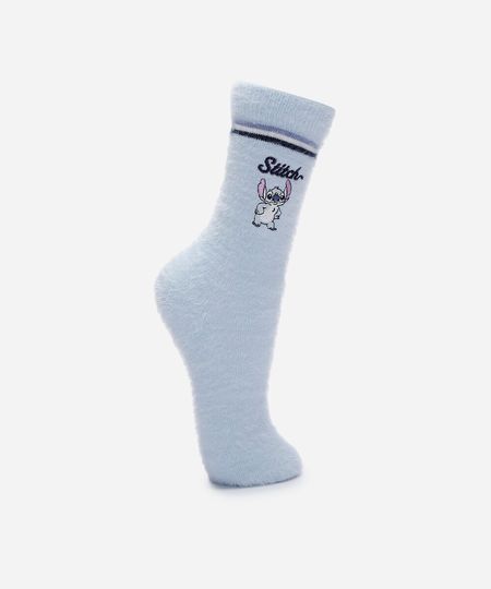 meia cano alto com bordado stitch texturizada azul 34-39 meia cano alto com bordado stitch texturizada azul 34-39