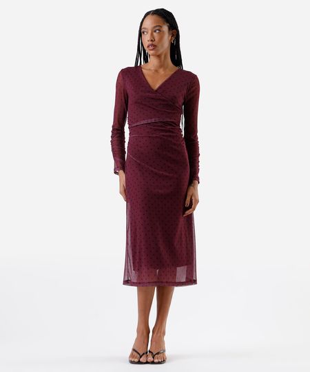 vestido midi feminino de tule franzido poá vinho GG
