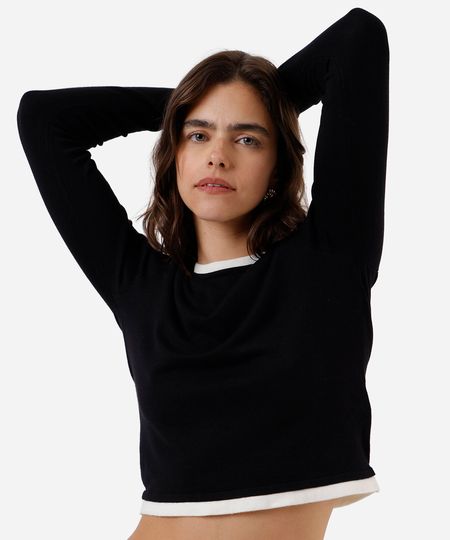 suéter básico feminino de tricot bicolor preto M