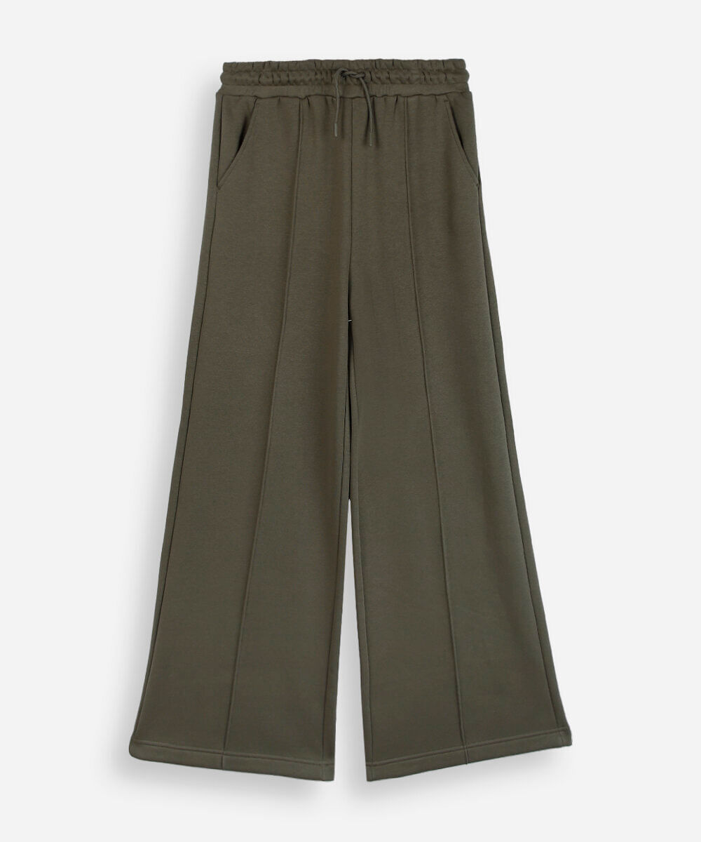 calça wide leg juvenil com nervuras cós elástico verde