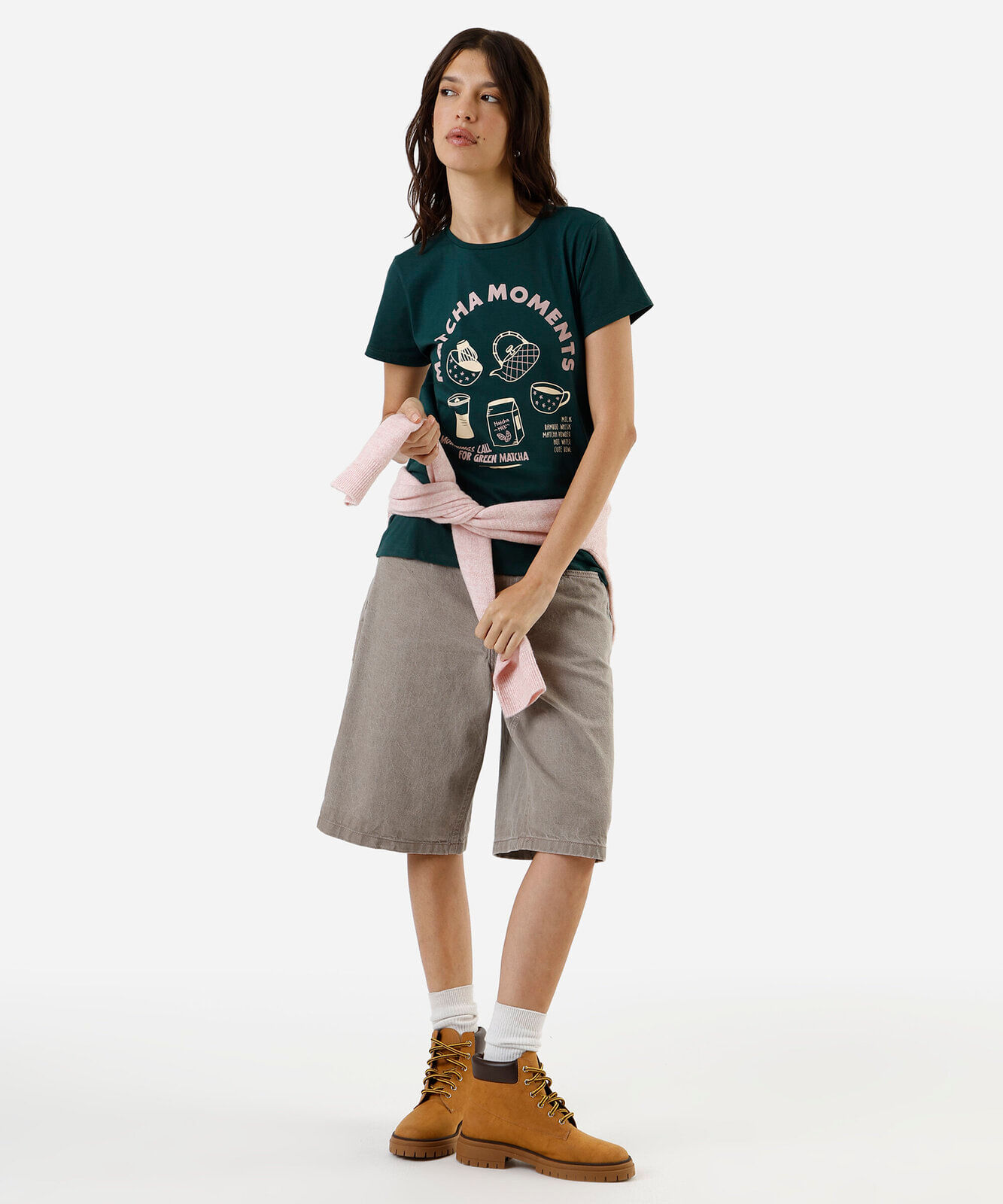 camiseta feminina de algodão estampada matcha verde