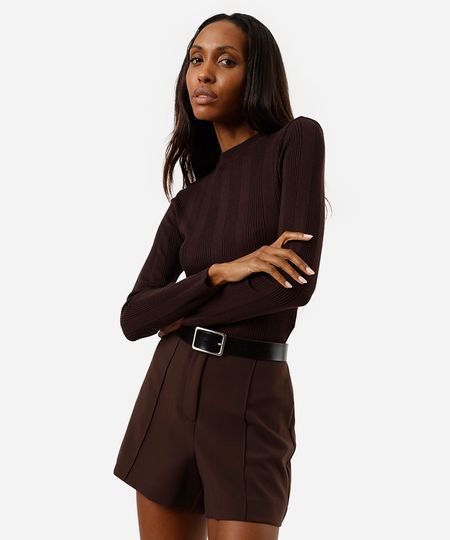 suéter básico feminino de tricot canelado marrom P