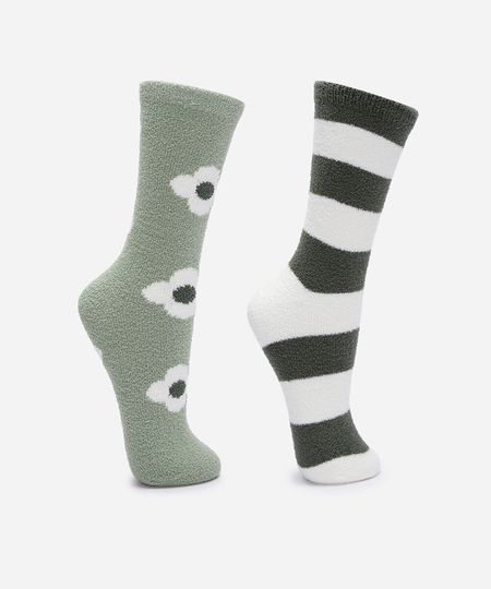 kit de 2 meias cano alto texturizada floral e listrado colorido 34-39