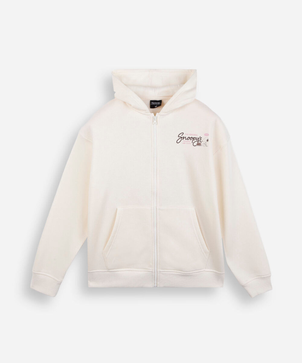 jaqueta oversized juvenil de moletom com capuz snoopy off white