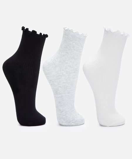 kit de 3 meias cano alto com frufru colorido 34-39 kit de 3 meias cano alto com frufru colorido 34-39