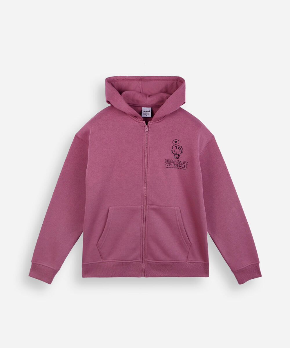 jaqueta oversized juvenil de moletom com capuz hello kitty roxa