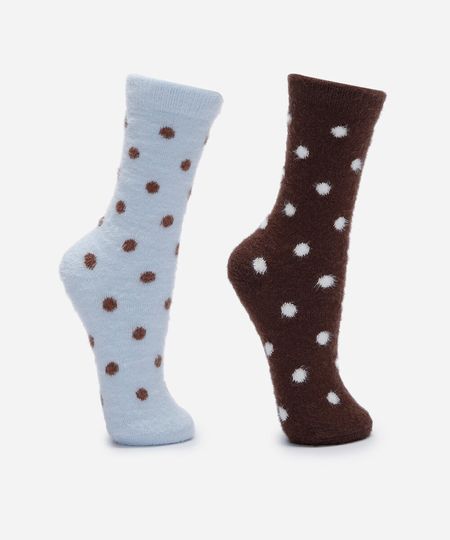 kit de 2 meias cano alto texturizada poá colorido 34-39