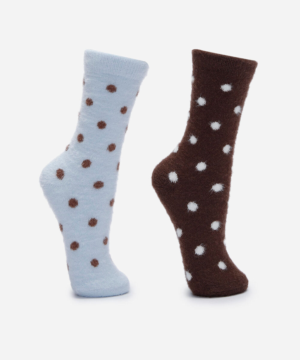 kit de 2 meias cano alto texturizada poá colorido