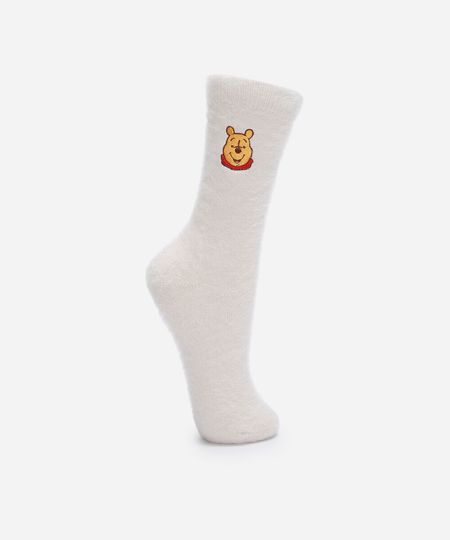 meia cano alto com bordado ursinho pooh texturizada bege 34-39