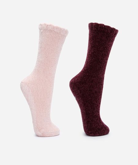 kit de 2 meias cano alto em chenille antiderrapante colorido 34-39 kit de 2 meias cano alto em chenille antiderrapante colorido 34-39