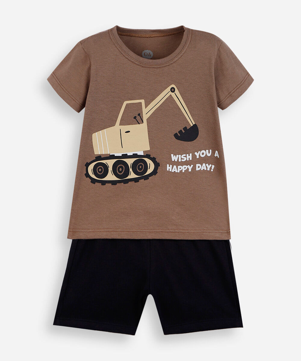 conjunto infantil curto de algodão escavadeira marrom