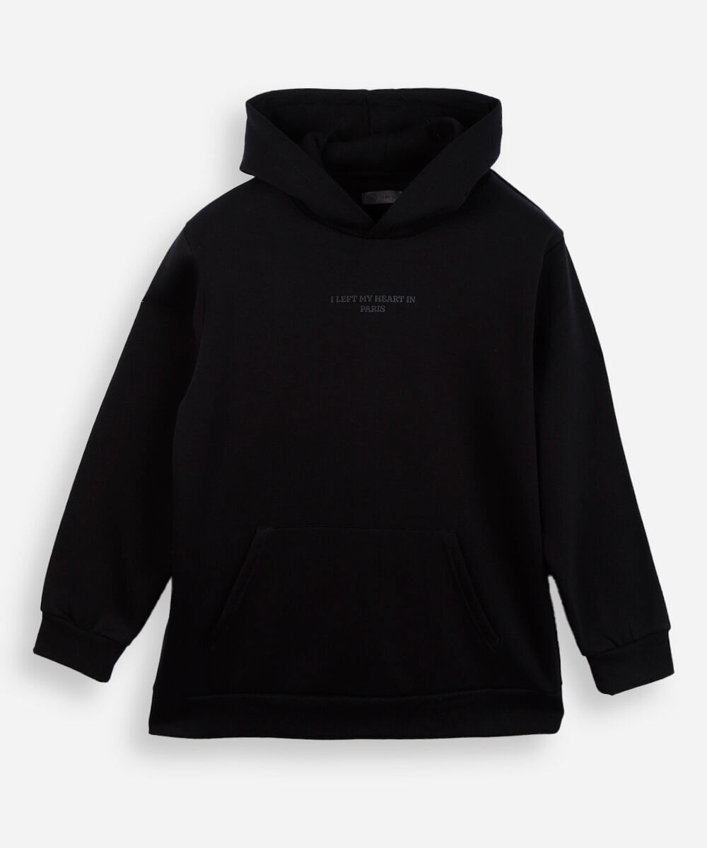 blusão de moletom juvenil com capuz estampado preto