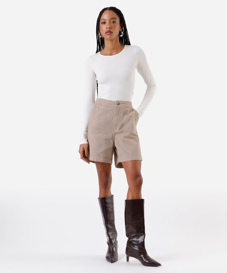 short feminino de sarja cintura alta recortes - kaki 36