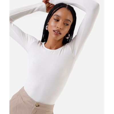 body feminino de poliamida manga longa canelado off white