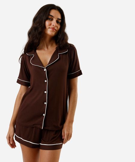 pijama americano feminino de viscose curto marrom PP