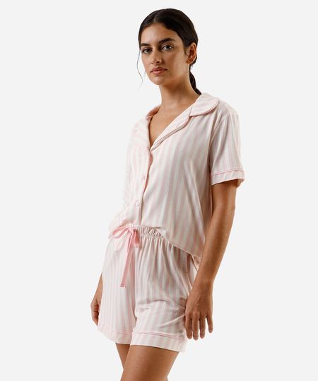 pijama americano curto feminino de viscose listrado rosa M pijama americano curto feminino de viscose listrado rosa M