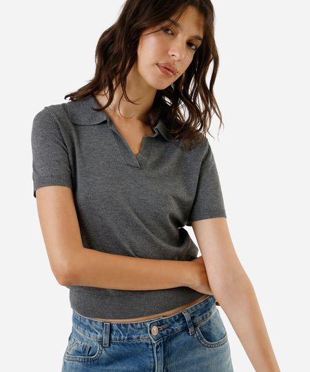 polo básica feminina de tricot manga curta cinza PP