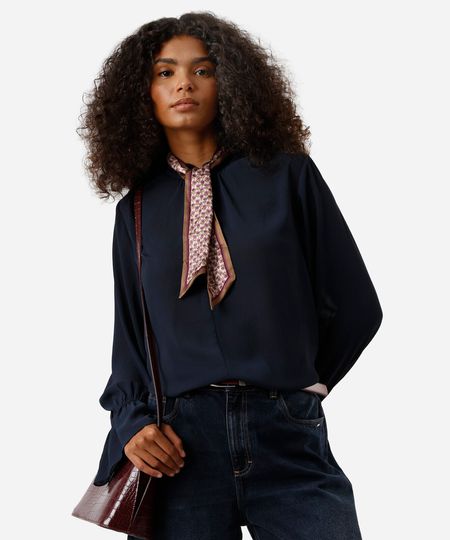 bata feminina com babado texturizada azul GG bata feminina com babado texturizada azul GG