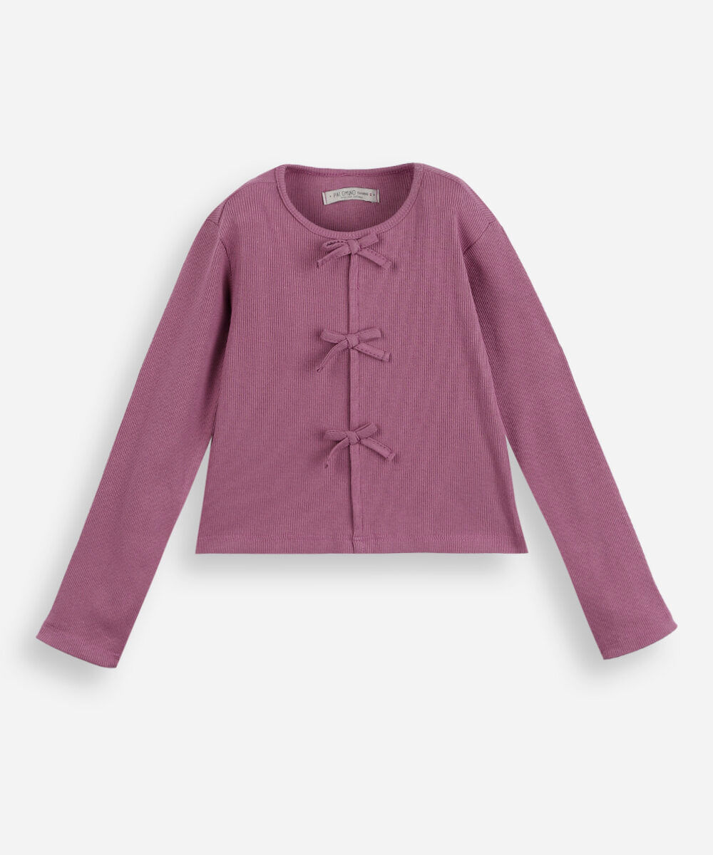 blusa infantil de algodão manga longa canelada com lacinhos roxa