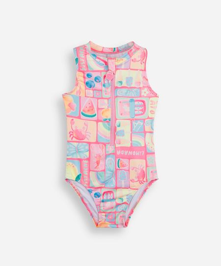 maiô infantil com zíper estampado rosa 4