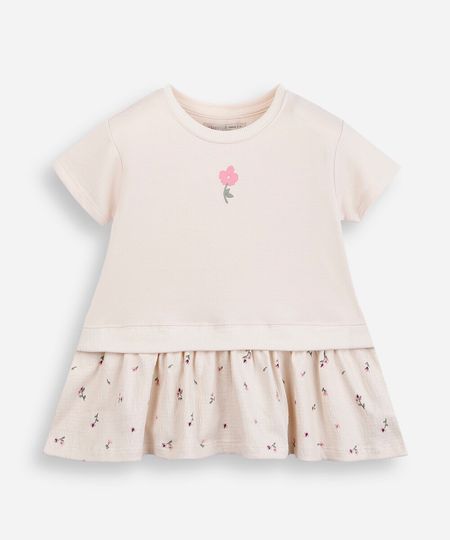 vestido infantil com saia floral bege 1