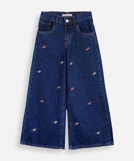 calça wide leg infantil jeans com bordado floral azul 10 calça wide leg infantil jeans com bordado floral azul 10