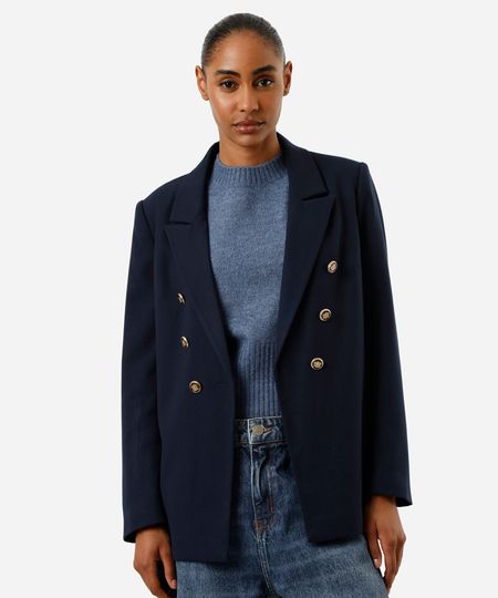 blazer em piquet com ombreiras azul marinho PP