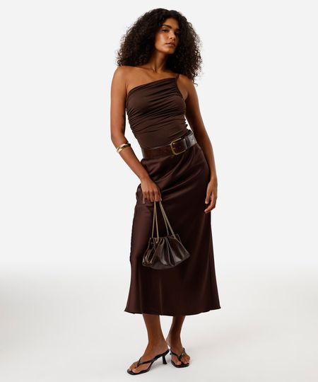 saia midi feminina acetinada marrom 44