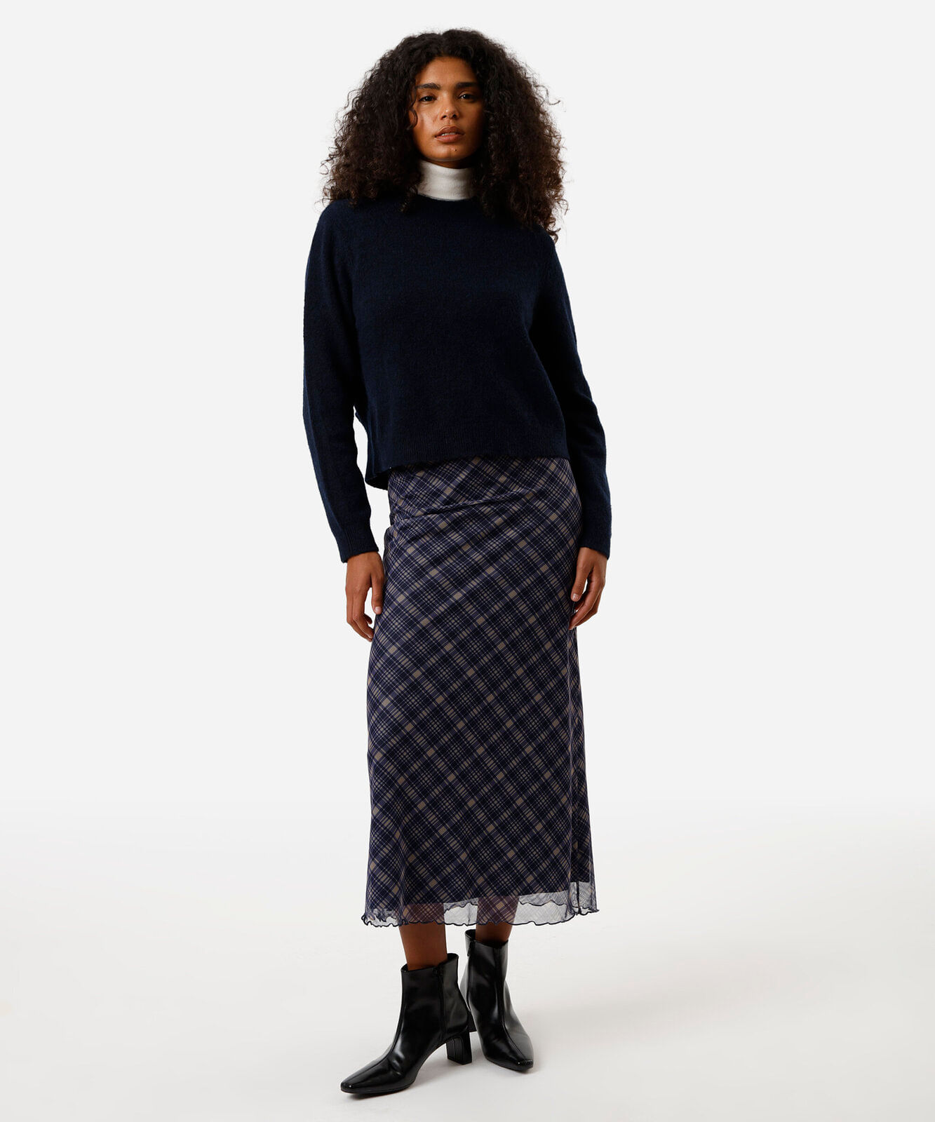 saia midi feminina de tule xadrez azul