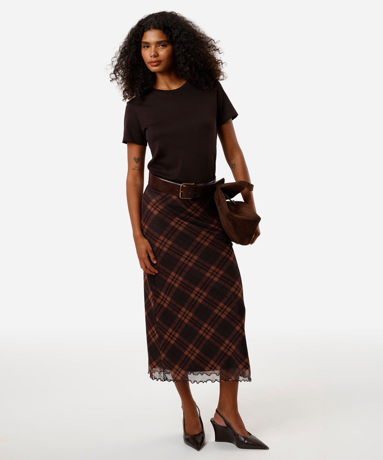 saia midi feminina de tule xadrez marrom