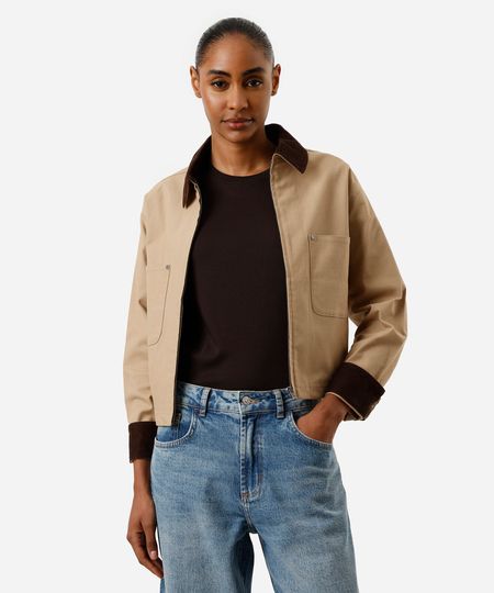 jaqueta feminina de sarja gola cotelê bege PP jaqueta feminina de sarja gola cotelê bege PP