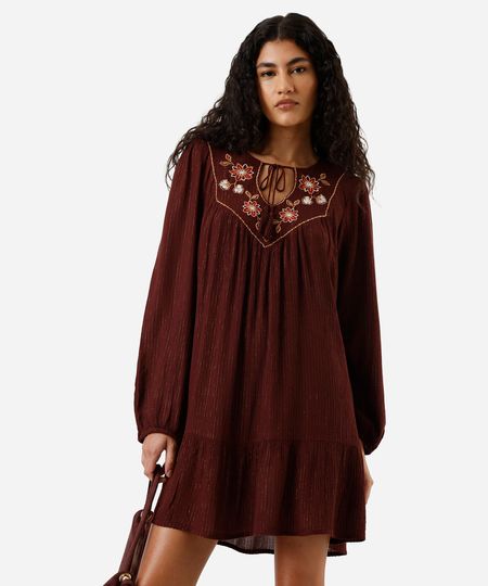 vestido bata curto feminino com lurex e bordado floral marrom M