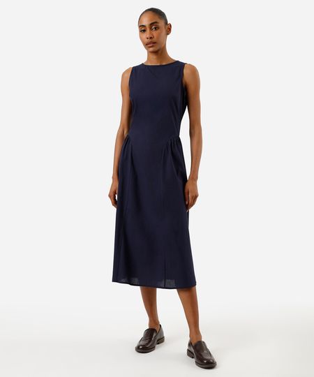 vestido midi feminino decote redondo com franzidos azul P vestido midi feminino decote redondo com franzidos azul P