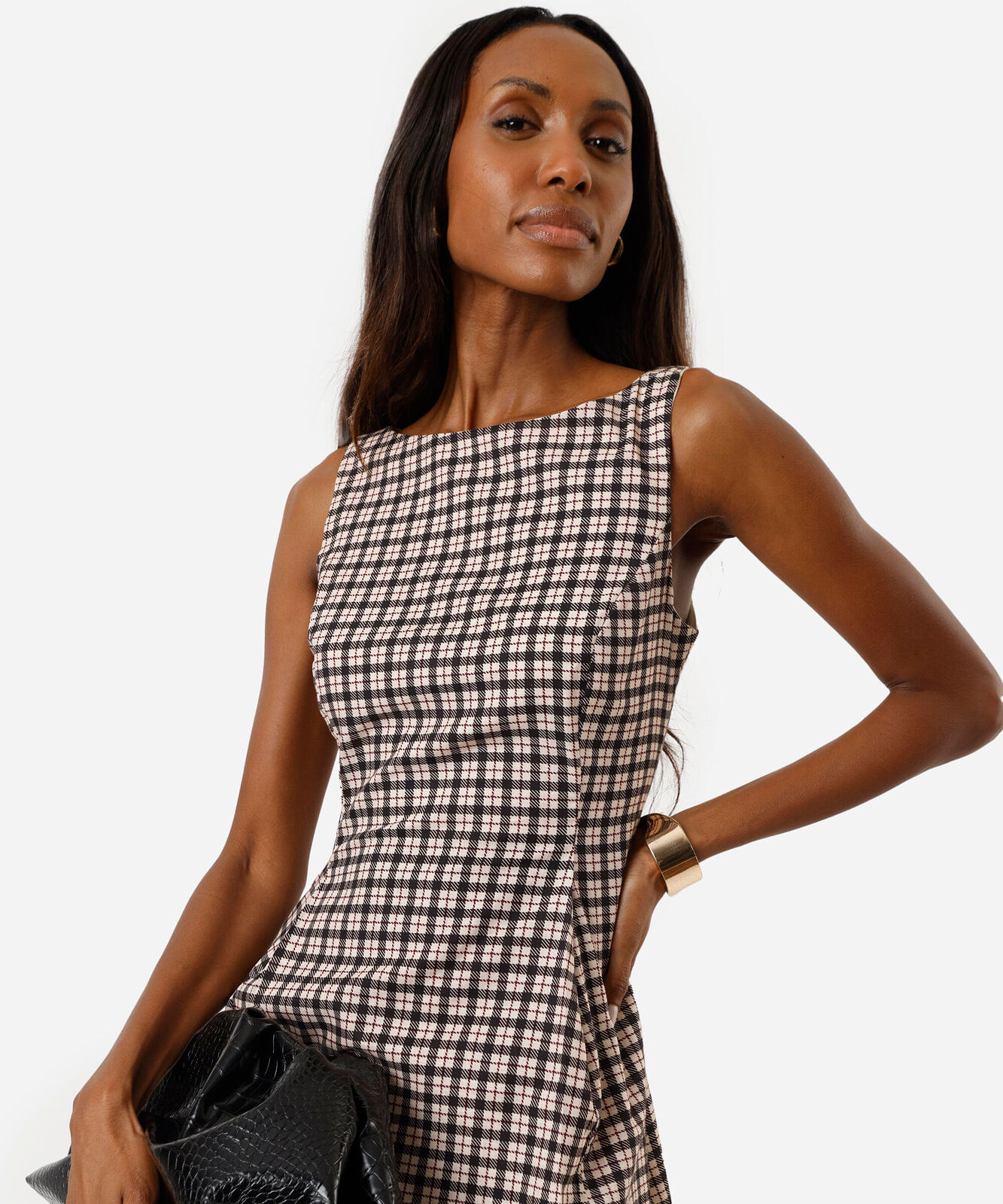 vestido midi feminino de algodão xadrez bege