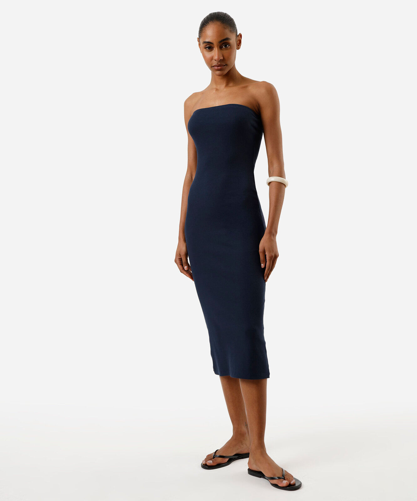 vestido midi sem alça canelado feminino de algodão azul