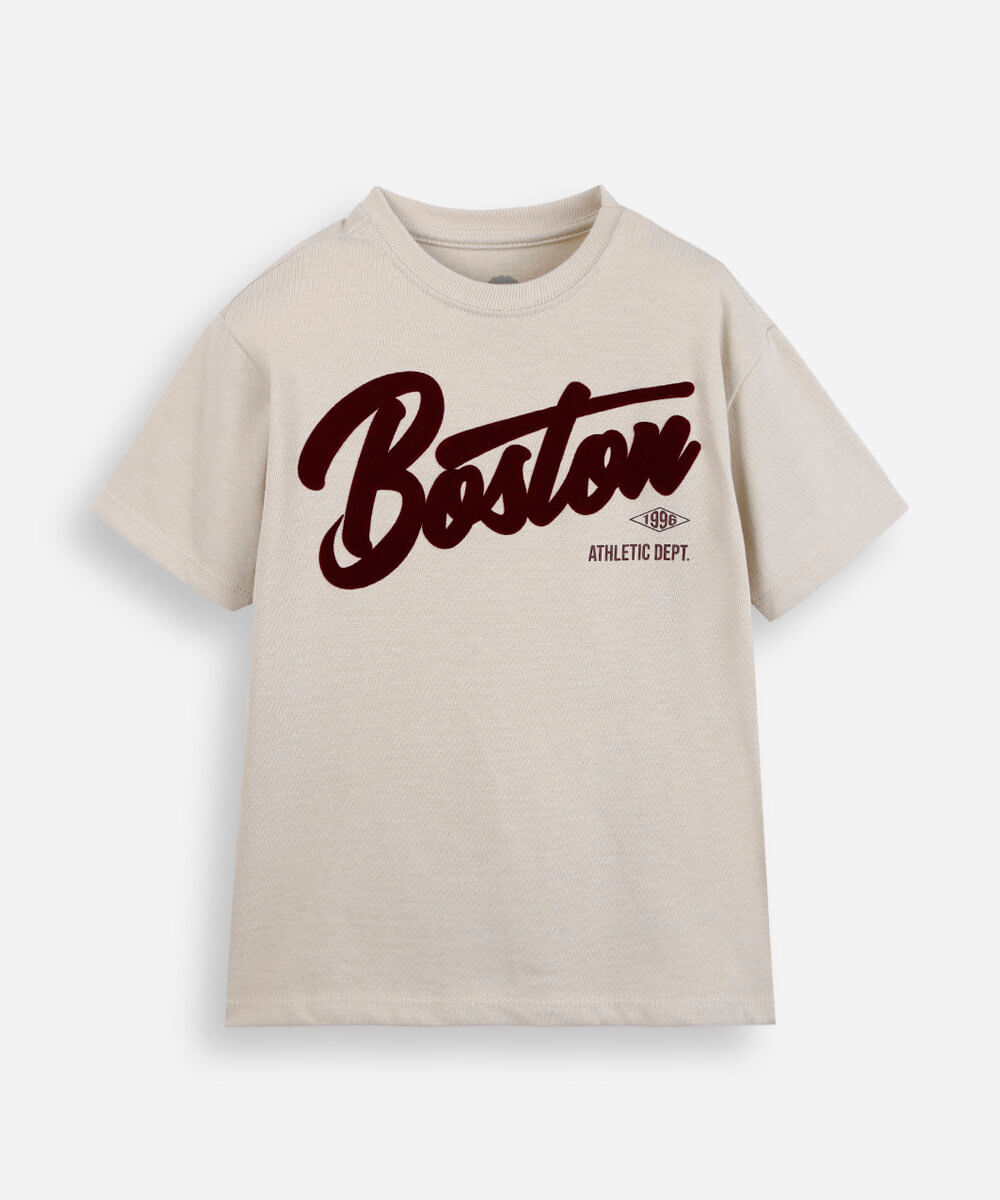 camiseta infantil de algodão manga curta boston bege