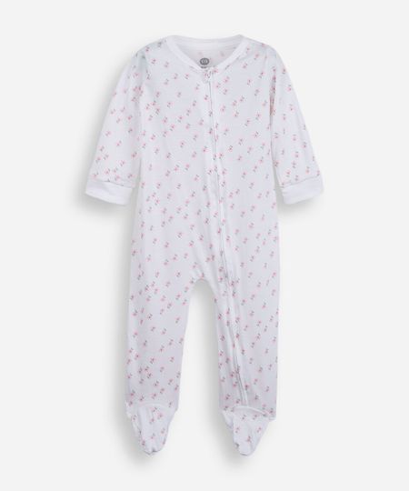 macacão infantil com pé florzinhas off white 3-6