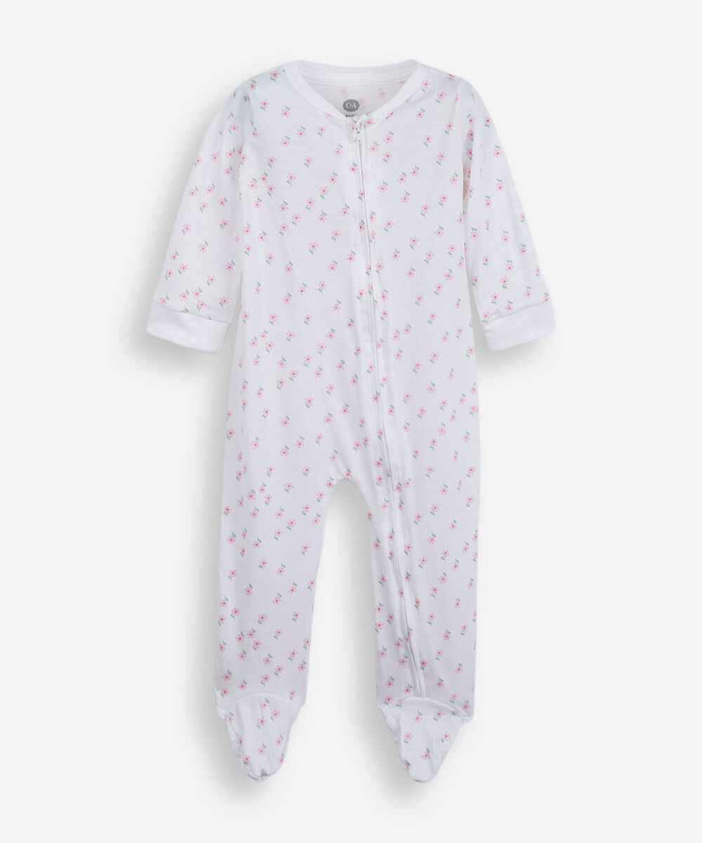 macacão infantil com pé florzinhas off white
