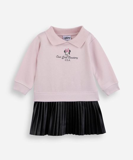 vestido infantil de moletom polo e saia plissada minnie rosa 1