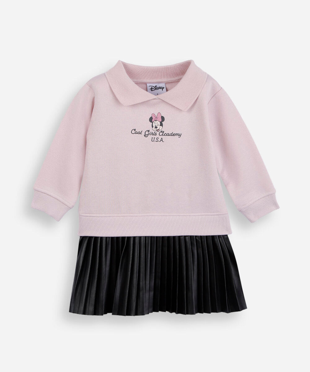 vestido infantil de moletom polo e saia plissada minnie rosa