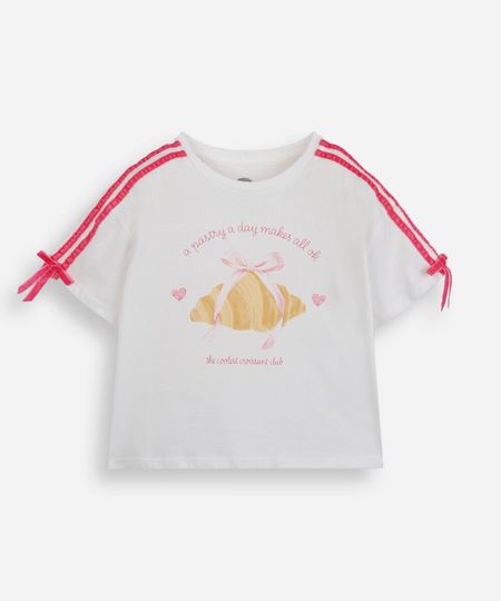 camiseta infantil de algodão manga curta com lacinho off white 10