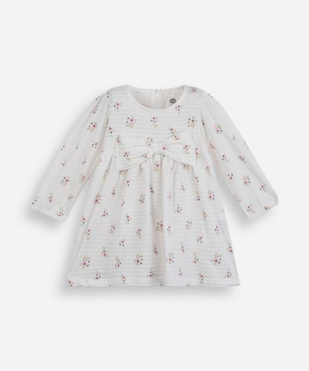 vestido midi infantil com laço manga bufante floral off white 12-18