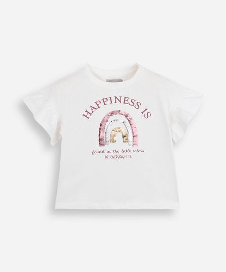 camiseta infantil manga curta arco íris com paetê off white 12 camiseta infantil manga curta arco íris com paetê off white 12