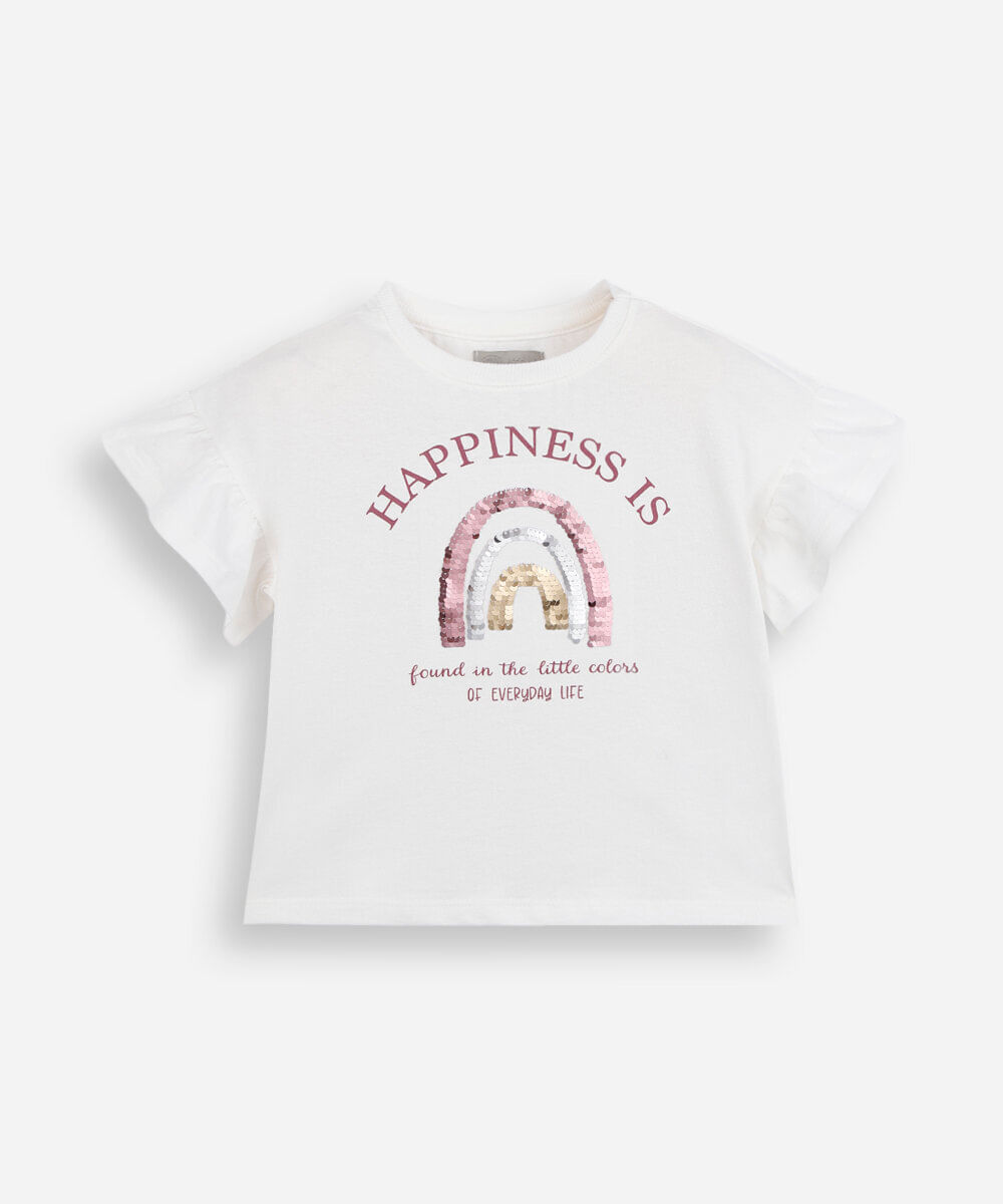 camiseta infantil manga curta arco Ãris com paetê off white